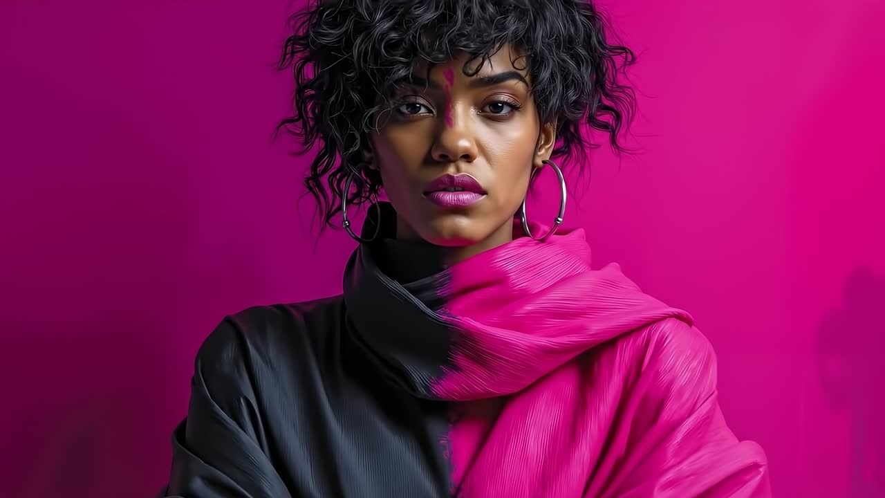 A woman with short curly hair wearing a pink scarf