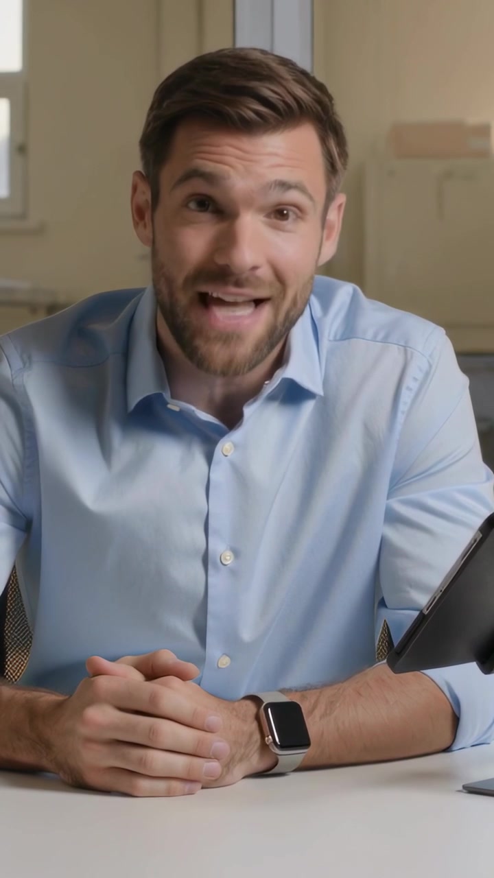 Video verticale: Uomo in camicia che parla alla scrivania in ufficio, guardando in basso, toccando un tablet e spiegando.