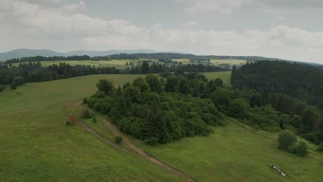 aerial view of a countryside with mountains, forests and meadows