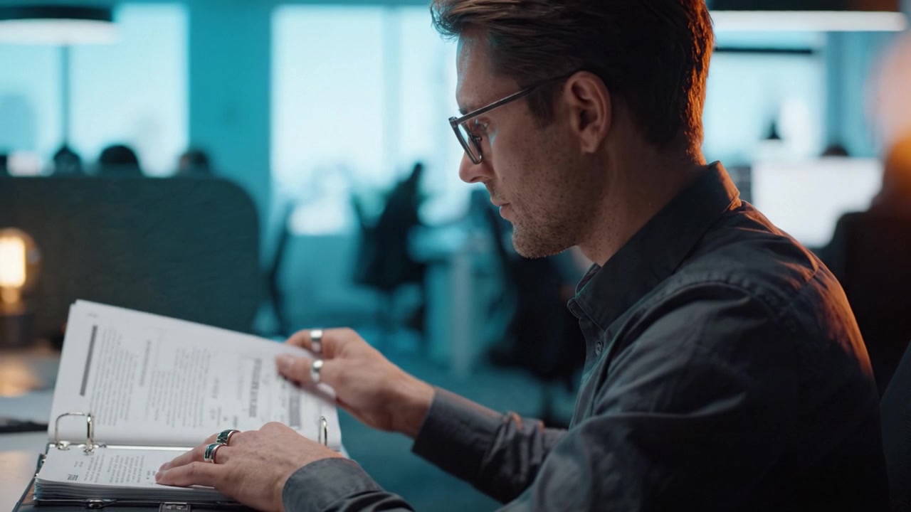 Focused professional reviewing documents in a modern office setting, showcasing concentration and dedication in a collaborative workspace with bright lighting.