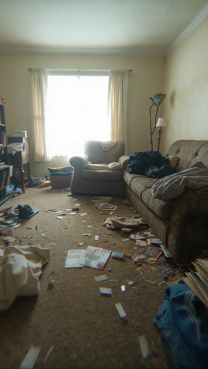 Vertical video: Panning camera starting hallway moving into living room, revealing armchair, papers