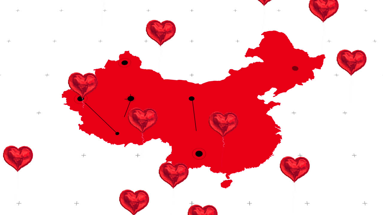 múltiples formas de corazón globos flotando contra el mapa del mundo en fondo blanco