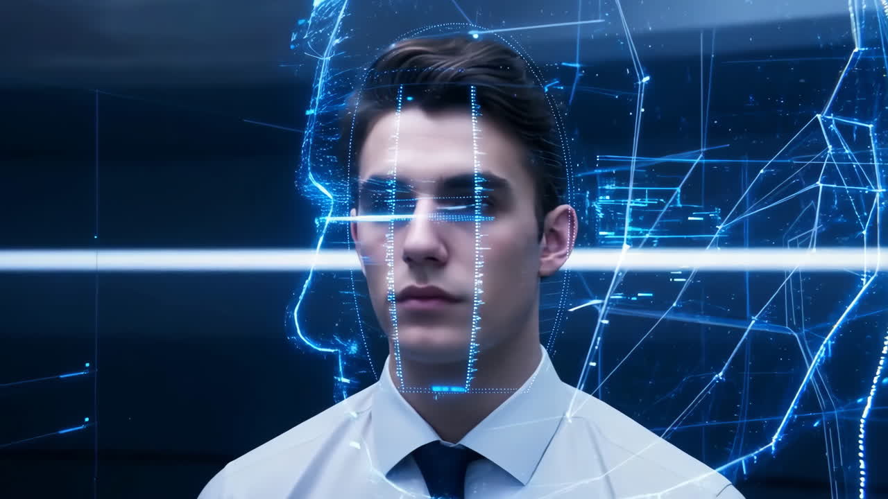 Man with Futuristic Digital Interface and AI Technology