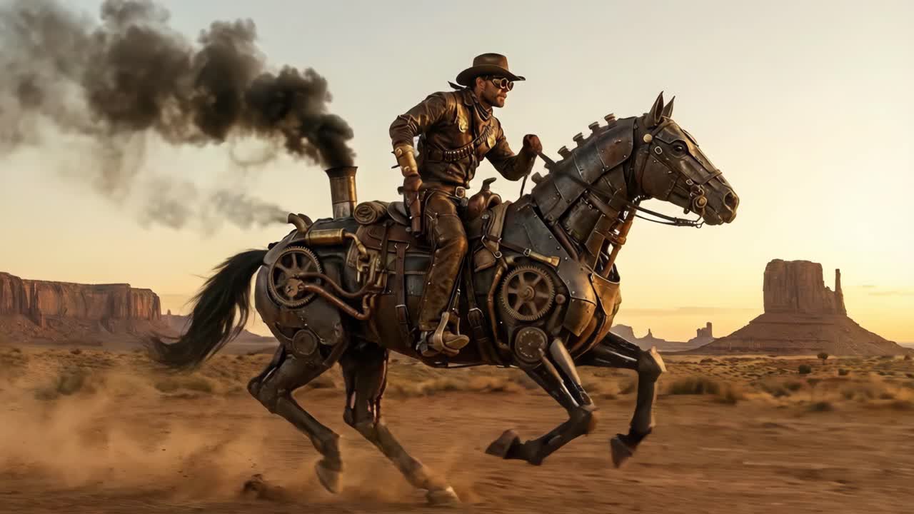 Cavaliere di cavallo meccanico steampunk nel deserto