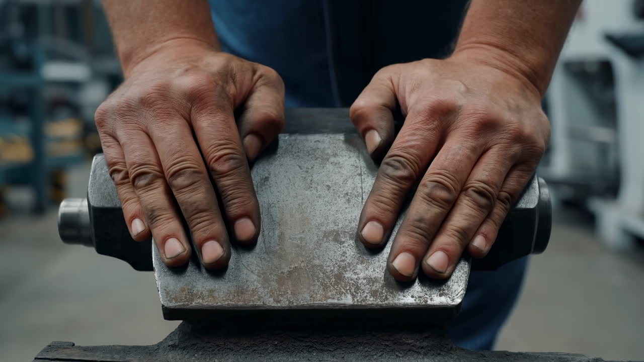 Closeup Hands Smoothing Metal Surface, Rugged Calloused Palms Pressing Steel Plate Against Bench Grinder