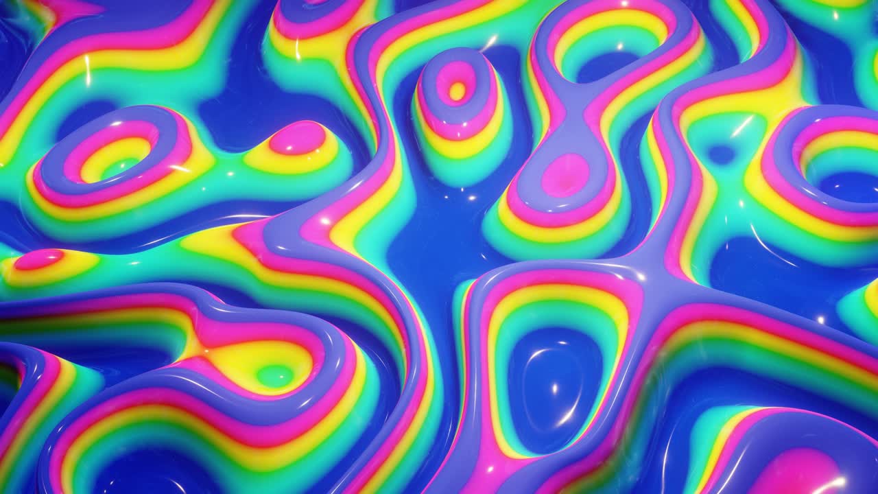 patrón ondulado abstracto en una superficie brillante y brillante, color arco iris de gradiente líquido, ondas en el fluido de pintura en animación suave. brillo en líquido viscoso 3d. retroceso creativo