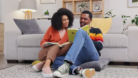 Black-couple,-reading-and-books-on-living-room
