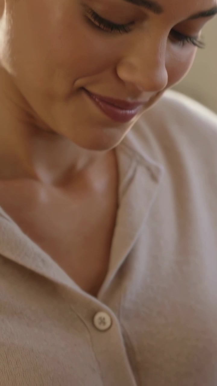 Video verticale: Donna sorridente in cardigan che allunga la mano, sollevando una tazza verde mentre si appresta a sorseggiare a casa.