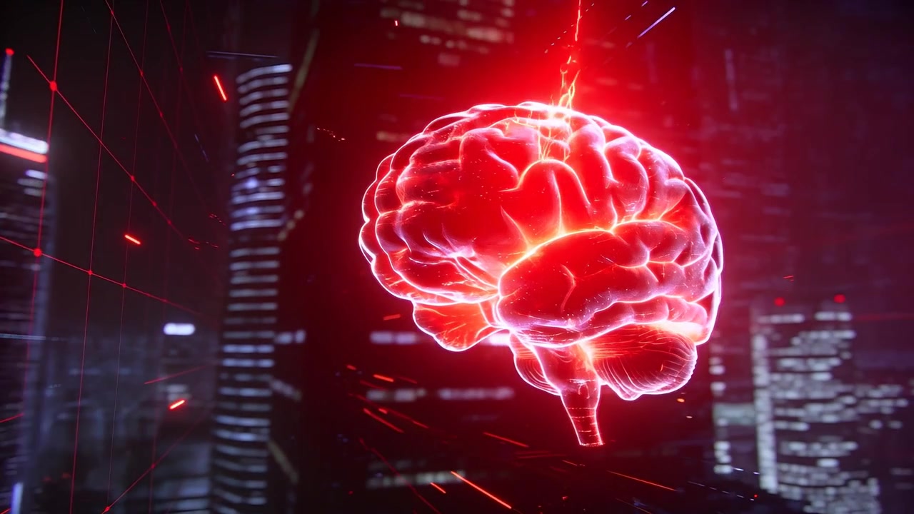 Cerebro holográfico rojo brillante y pulsante moviéndose, girando sobre la ciudad tras una señal, emitiendo chispas.
