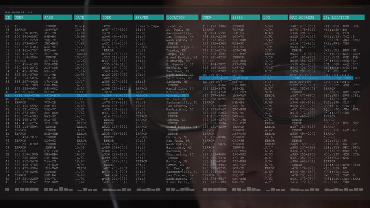Animation of data processing on computer screen over close up of male hacker