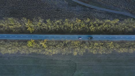 Vista-De-Arriba-Hacia-Abajo-De-Los-Coches-Que-Viajan-Por-Una-Carretera-Asfaltada-Bordeada-De-árboles-Otoñales