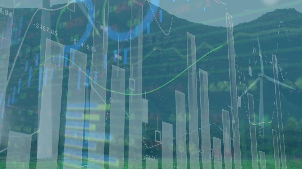 Translucent financial charts floating over green hills, showing candlestick bars and wind turbines