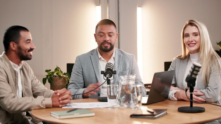 Podcast recording with three people
