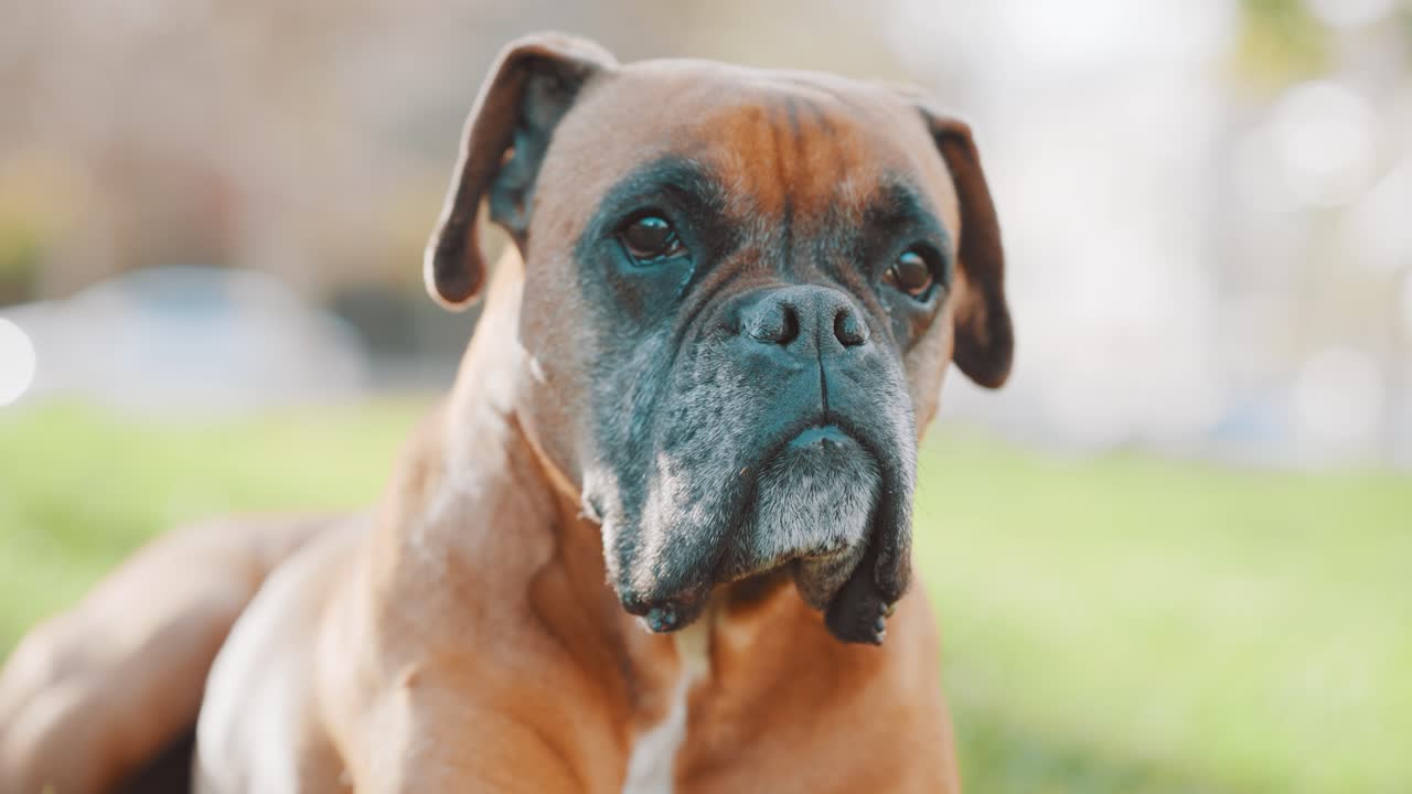 Beautiful boxer dog relaxing in green park