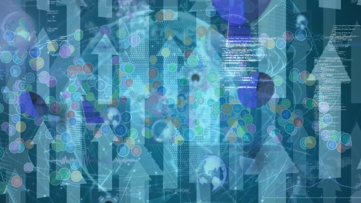 Animation of scopes scanning and data processing on screens over globe and arrows
