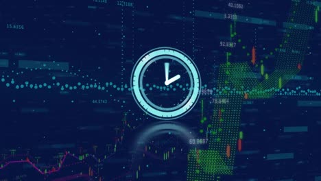 animation of neon ticking clock over financial data processing against blue background