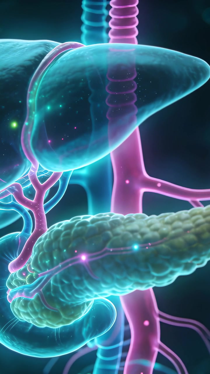 Vertical video: Playback starting, liver and pancreas pulsing in medical clip, showing vessel flow