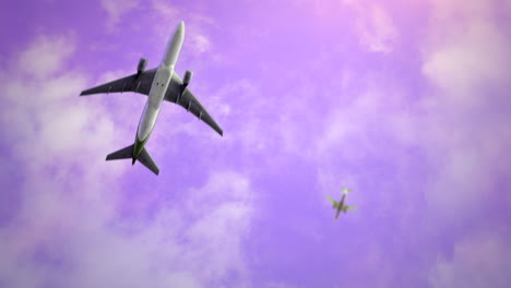 Flying-airplanes-in-different-directions-in-sky-with-clouds