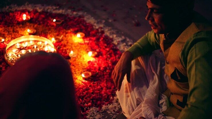Couple celebrate a colorful Diwali rangoli- red pink orange green