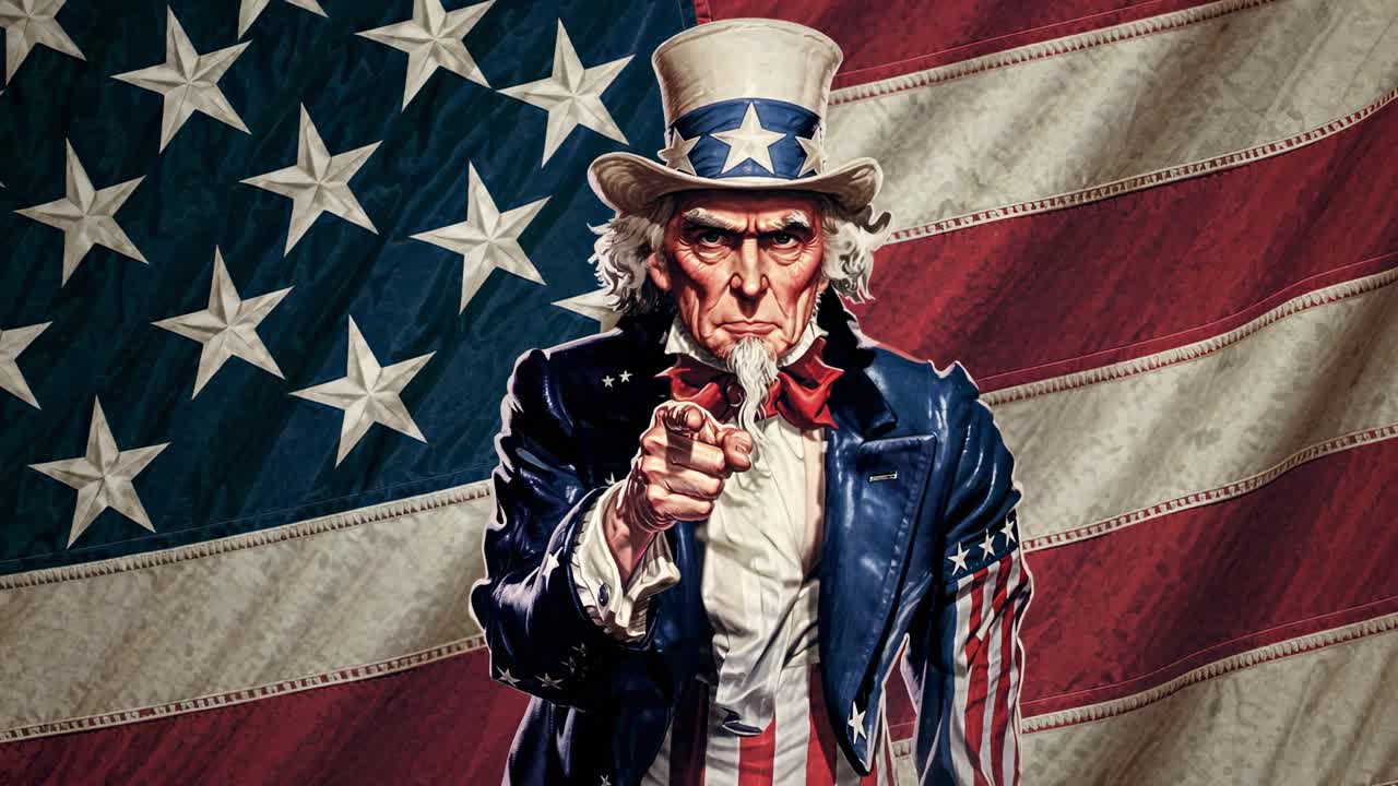 Patriotic video concept featuring Uncle Sam pointing directly at the viewer