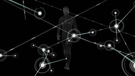 digital animation of network of connections against human body model walking on black background