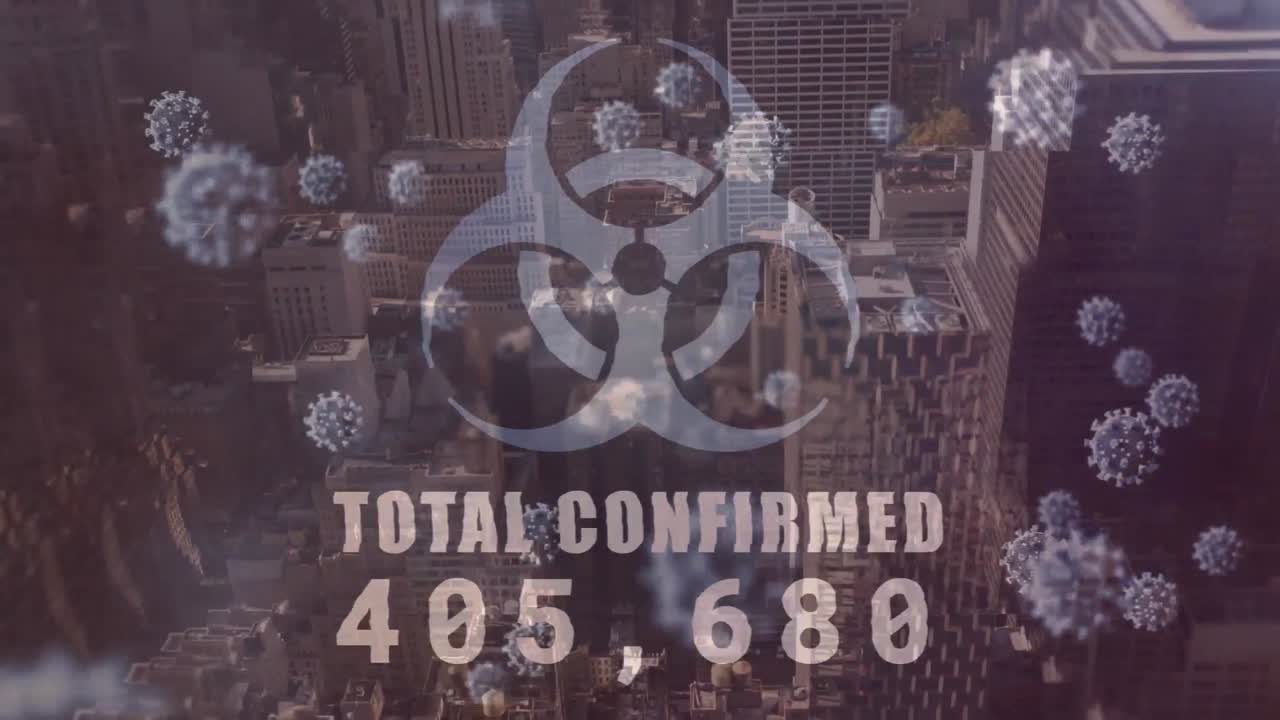 animación de células de coronavirus covid19 flotando sobre el paisaje urbano y signo de peligro con las palabras total conf