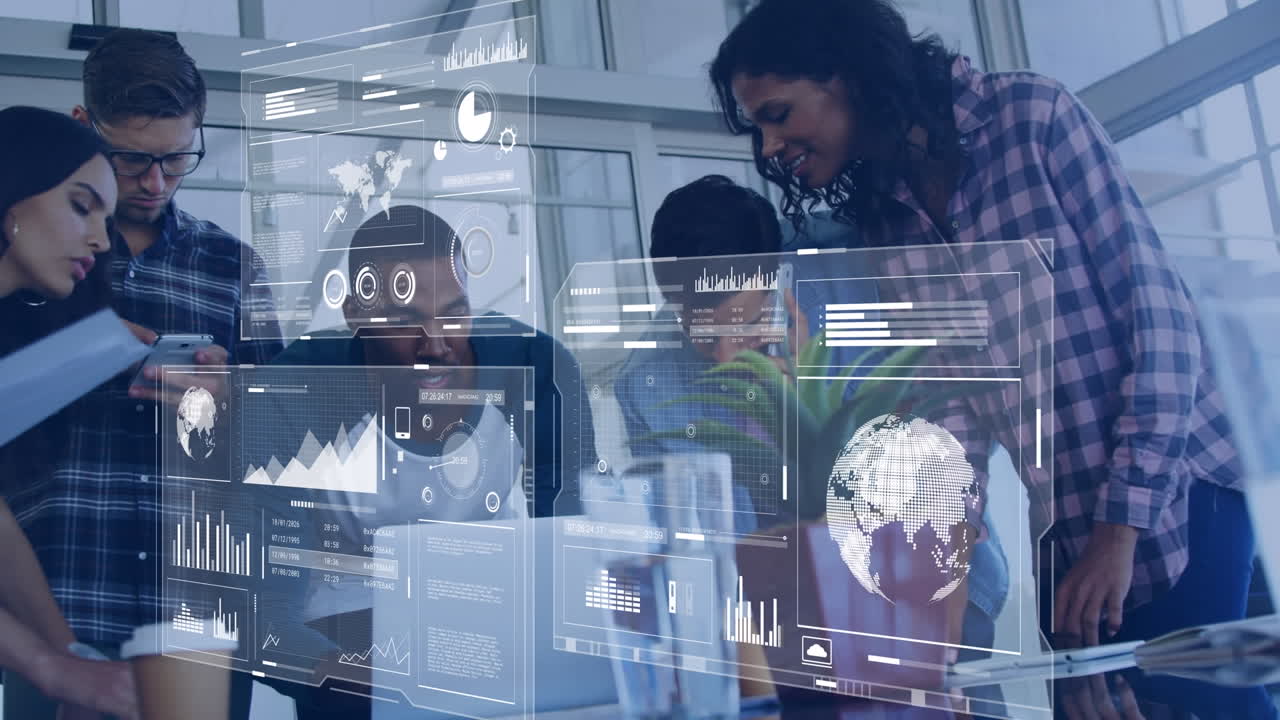 Animation of graphs, globes, loading bars and circles over diverse coworkers sharing ideas in office