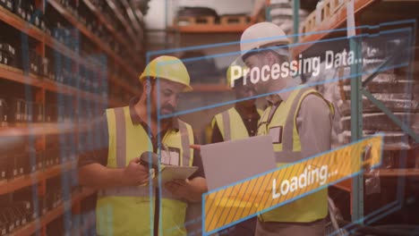 animation of data processing over diverse engineers in warehouse