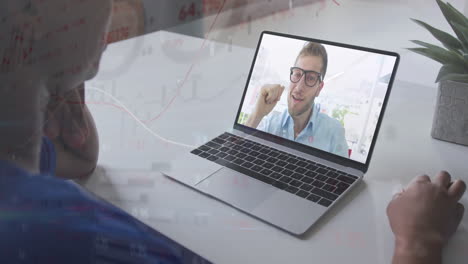 having video call, person using laptop with financial data animation overlay