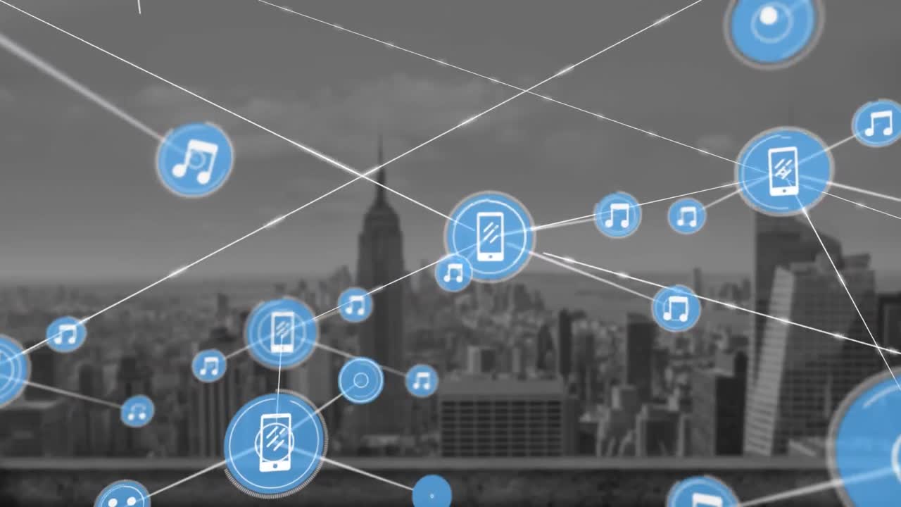 디지털 아이콘의 네트워크의 애니메이션 도시 풍경의 공중 뷰에 대하여