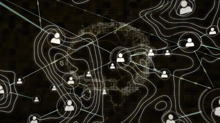 Animation of human brain spinning with topographic map lines and network of connections