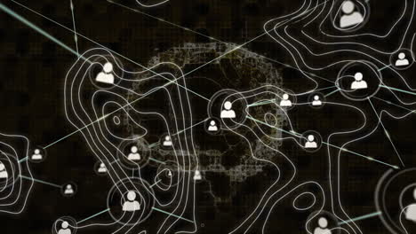 animación del cerebro humano girando con líneas de mapas topográficos y red de conexiones