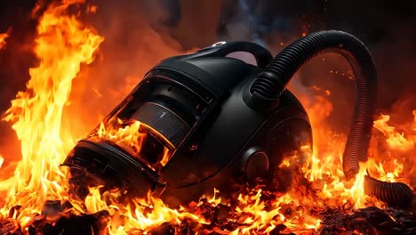 a black vacuum cleaner on fire with smoke coming out of it