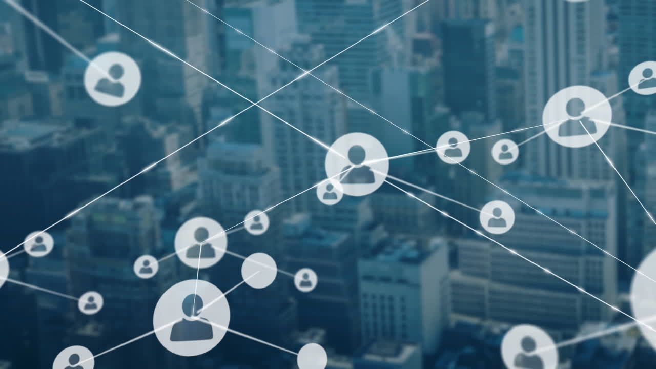 Animation of network of profile icons against aerial view of cityscape
