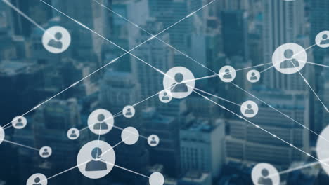 animation of network of profile icons against aerial view of cityscape
