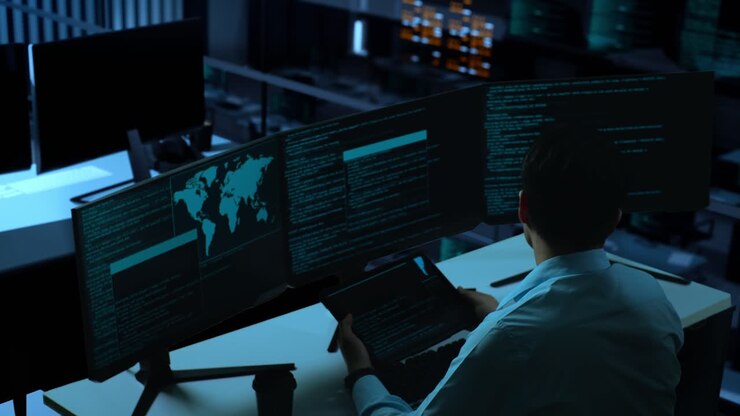 Side View Of Asian Man Developer Working With Tablet While Write Code With Multiple Computer Screens In The Office