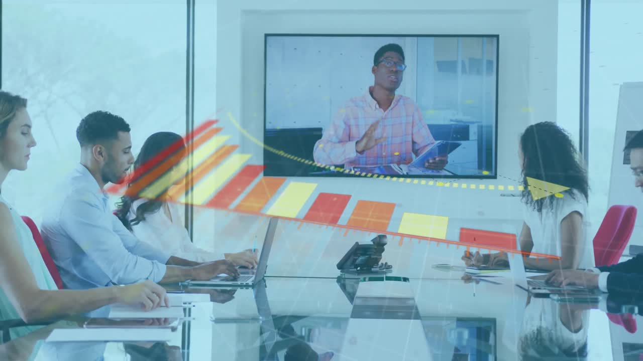 animación de la interfaz que muestra el gráfico y los colegas de negocios sentados en una videoconferencia