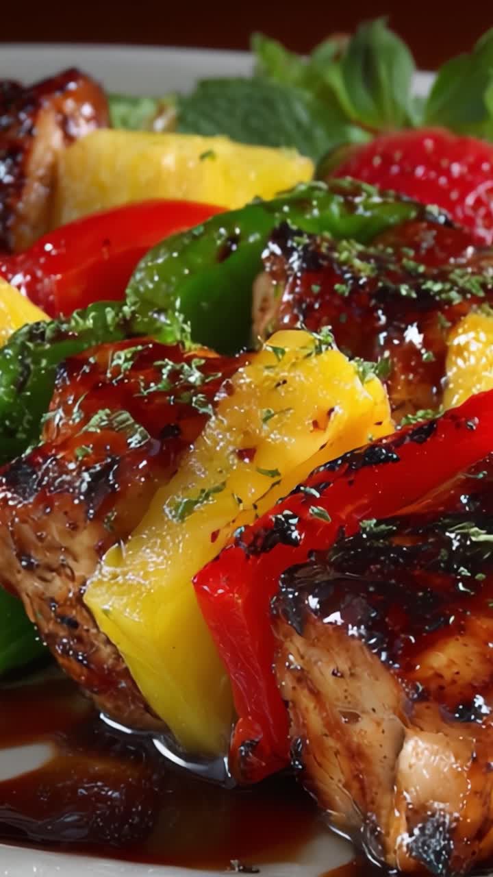 Un mix colorato di spiedini di pollo alla griglia con verdure vivaci e frutta fresca, glassati con una salsa ricca per un'esperienza di sapore irresistibile