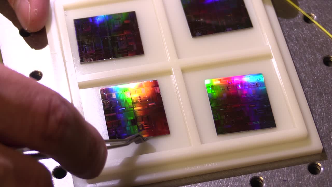 man hand taking photonic chip with tweezers in photonic lab. picking up a chip. four chips on a plate.