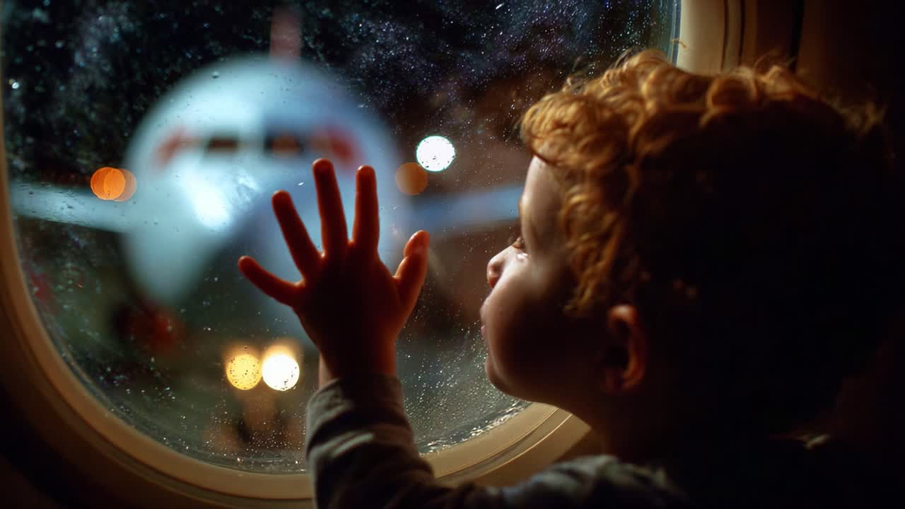 A Young Child Gazes in Awe at an Airplane Through a Rain-Splattered Window, Capturing the Wonder of Travel and Discovery in an Enchanting Moment of Childhood Curiosity