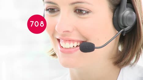 Animation-of-raising-numbers-over-businesswoman-wearing-headset