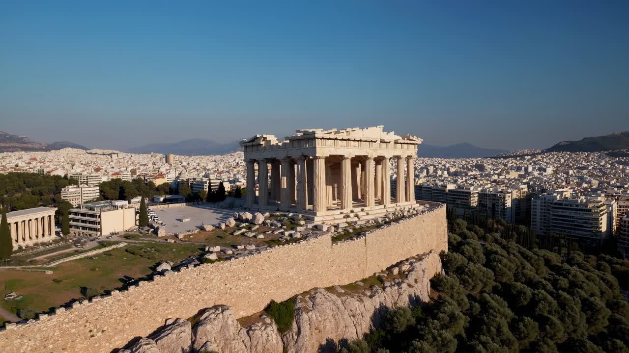 Aerial view of the Parthenon atop the Acropolis, capturing the ancient architecture