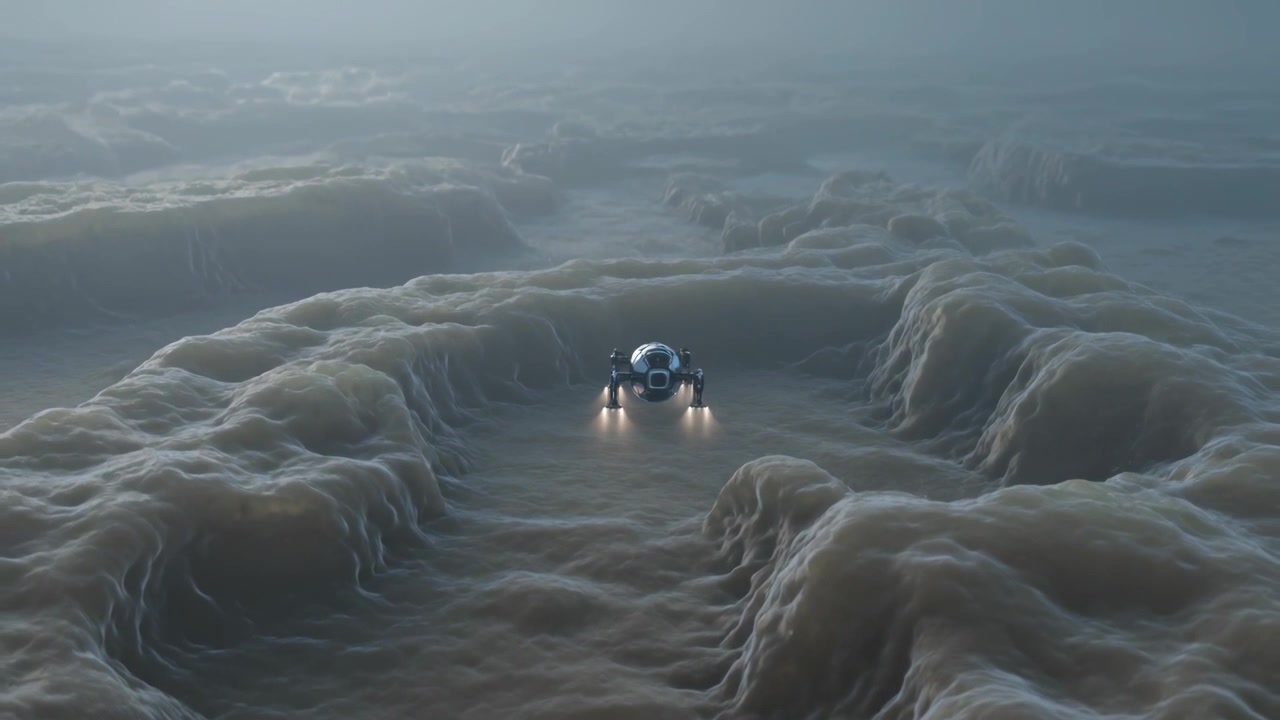 Hovering probe on autopilot firing thrusters and lights, moving through foam plain, mapping terrain
