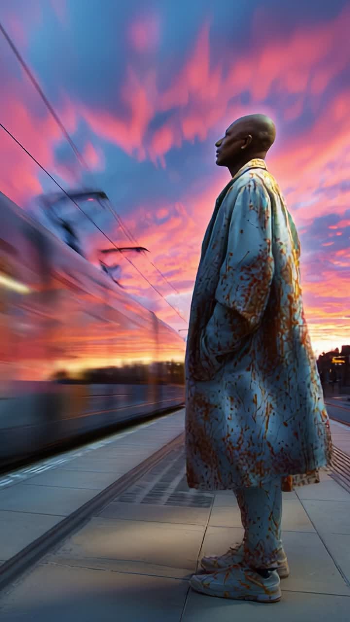 A contemplative figure stands at a train station, silhouetted against a vibrant sunset, rich colors blending in the sky, creating an atmosphere of reflection and anticipation
