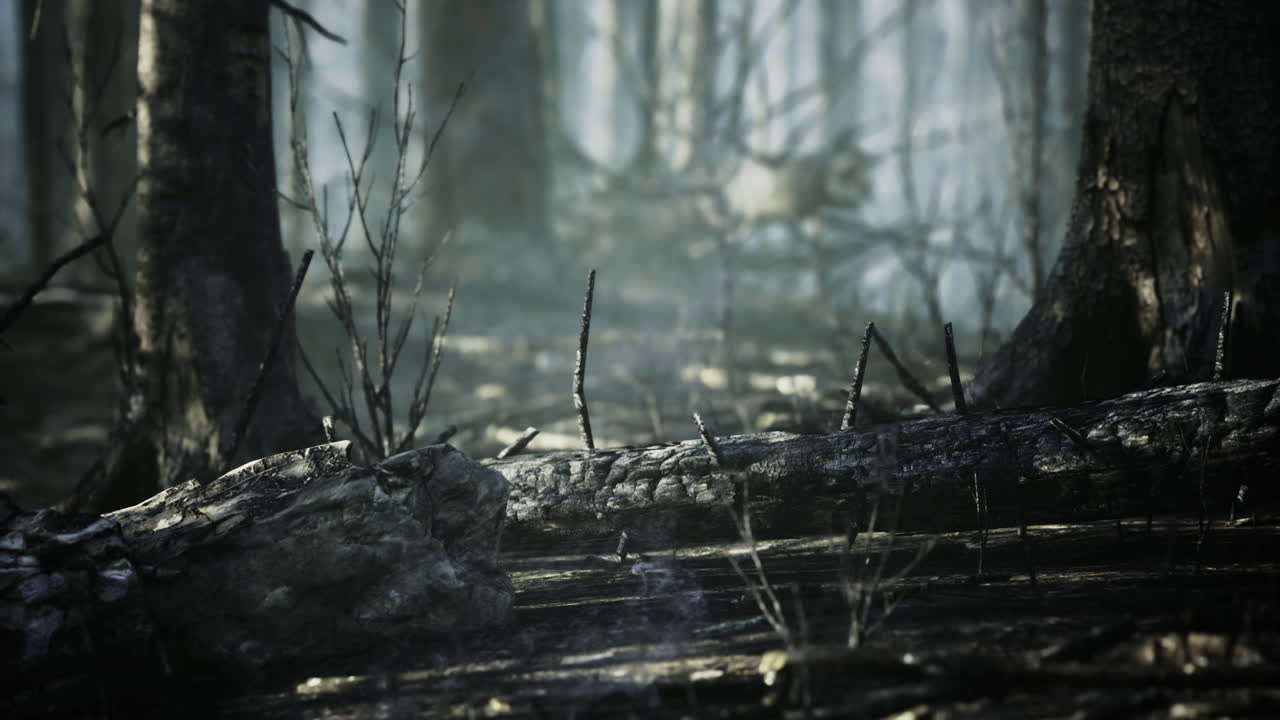 Sunlight filters through the dense trees in a misty forest