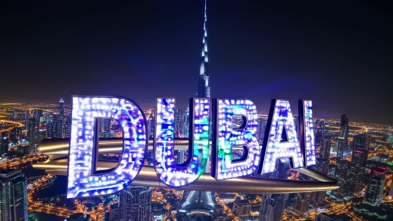 Holographic Dubai sign floating over illuminated cityscape at night, featuring the iconic Burj Khalifa, showcasing the city's futuristic and vibrant ambiance