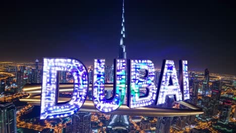 holographic dubai sign floating over illuminated cityscape at night, featuring the iconic burj khalifa, showcasing the city's futuristic and vibrant ambiance