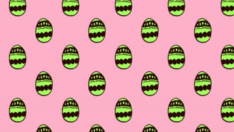 Animation-of-patterned-Easter-eggs-moving-in-rows-on-pink-background