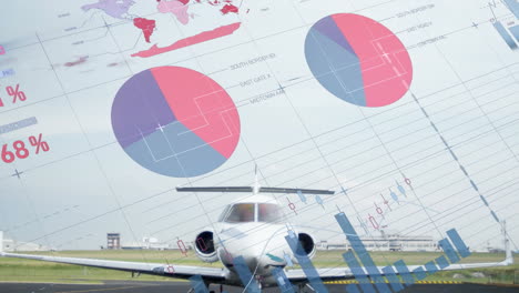 Animación-De-Una-Interfaz-Infográfica-Multicolor-Sobre-Un-Avión-Estacionado-En-El-Aeropuerto