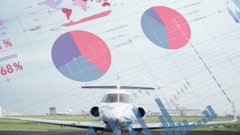 animación de una interfaz infográfica multicolor sobre un avión estacionado en un aeropuerto